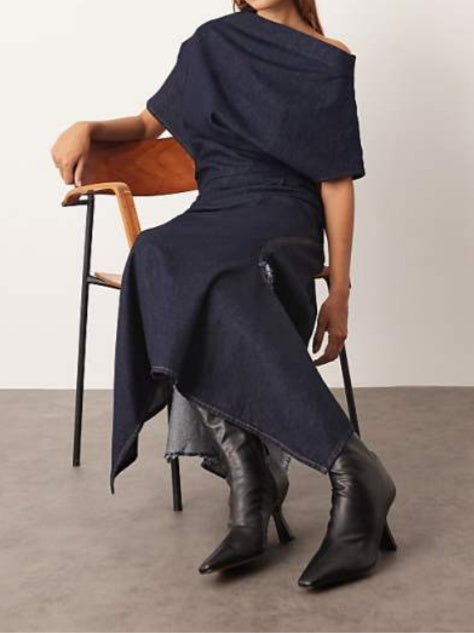 Side Slit Off-the-shoulder Denim Maxi Dress