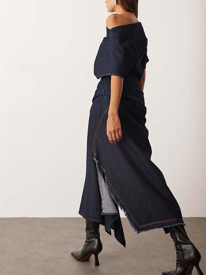 Side Slit Off-the-shoulder Denim Maxi Dress