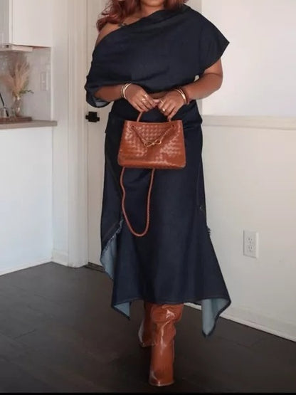 Side Slit Off-the-shoulder Denim Maxi Dress