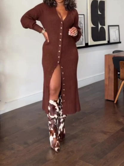 V Neck Button Down Chunky Knit Sweater Coat