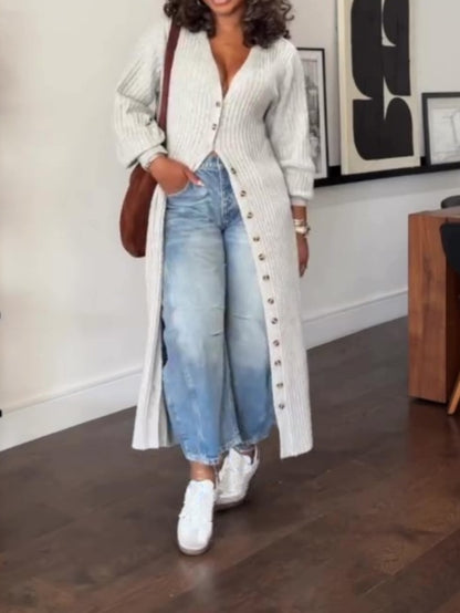 V Neck Button Down Chunky Knit Sweater Coat