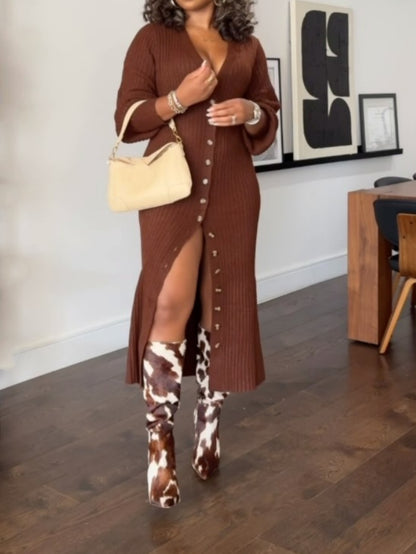 V Neck Button Down Chunky Knit Sweater Coat