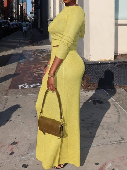 Knitted Long Skirt Two Piece Set