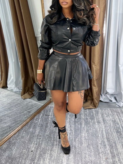 Faux Leather Jacket And Skirt Set