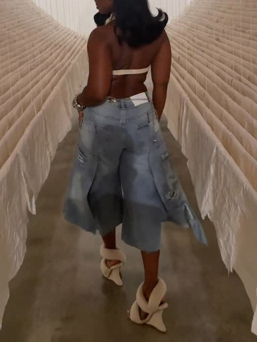 Double Waistband Distressed Wide Leg Denim Shorts