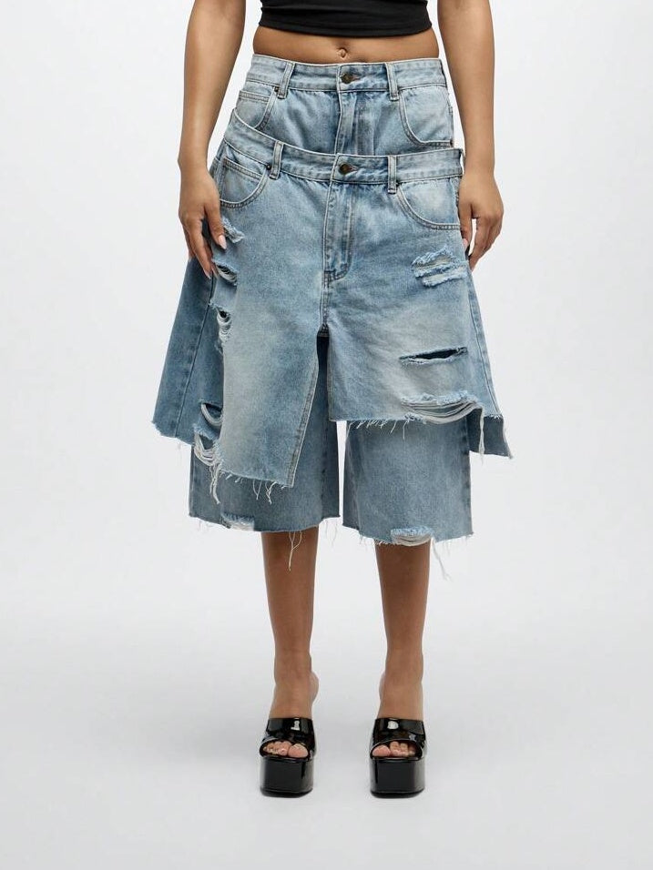 Double Waistband Distressed Wide Leg Denim Shorts