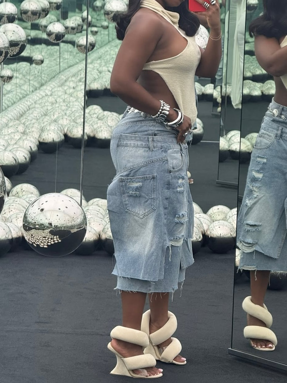 Double Waistband Distressed Wide Leg Denim Shorts