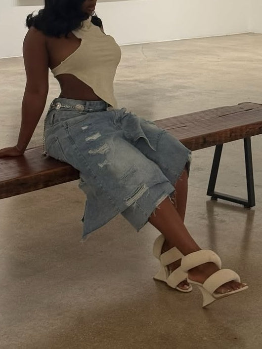 Double Waistband Distressed Wide Leg Denim Shorts