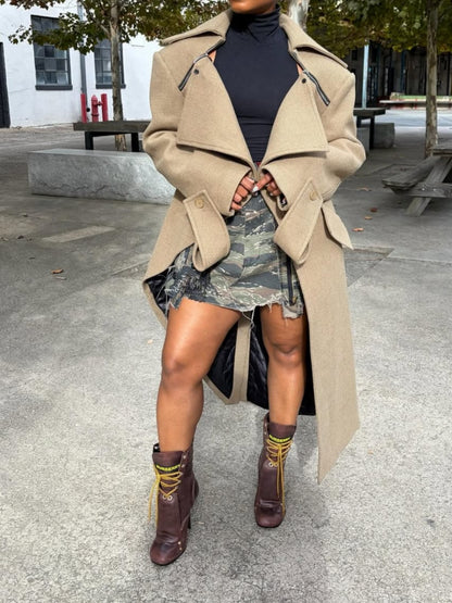 Wide-lapel Asymmetrical Long Coat