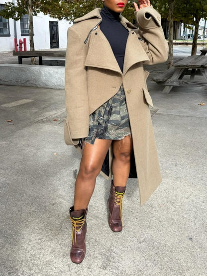 Wide-lapel Asymmetrical Long Coat