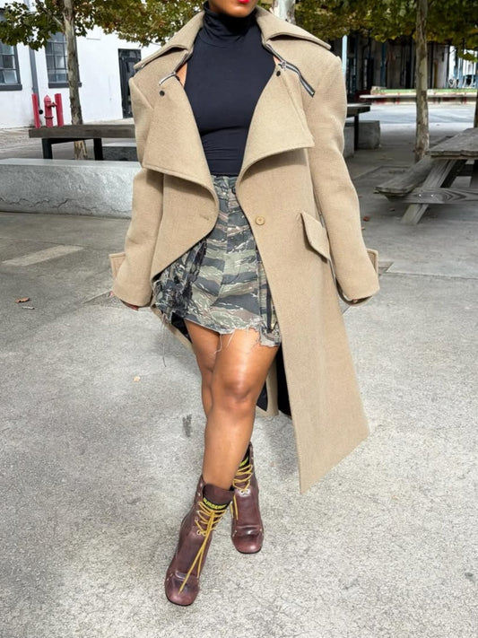 Wide-lapel Asymmetrical Long Coat