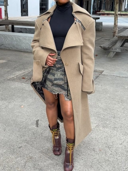 Wide-lapel Asymmetrical Long Coat