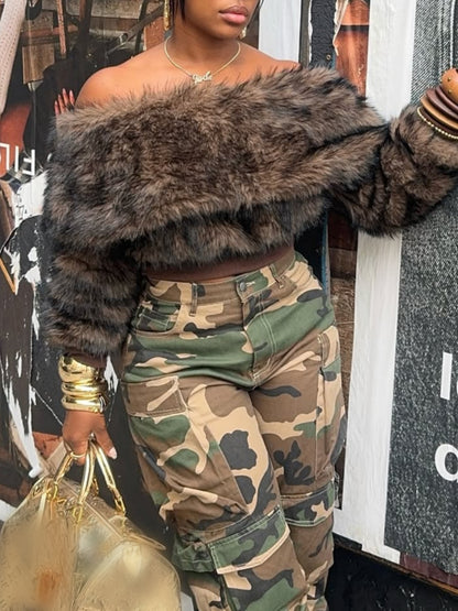 Off The Shoulder Faux Fur Crop Top