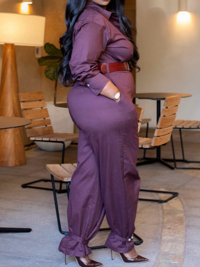 Long-sleeved Cargo Jumpsuit With Belt