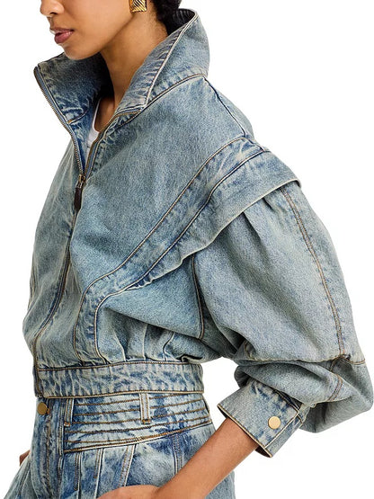 Stand Collar Zip-up Denim Jacket