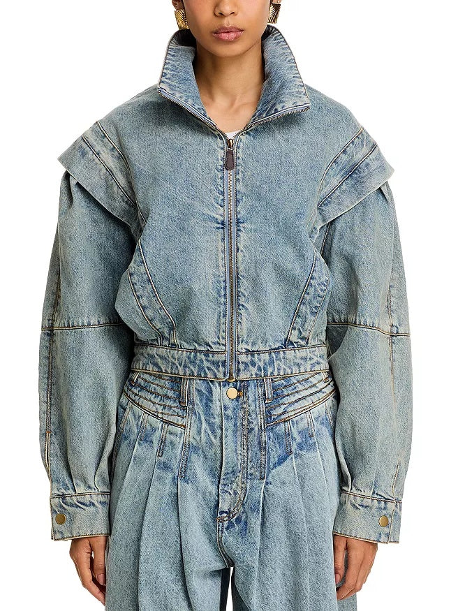 Stand Collar Zip-up Denim Jacket