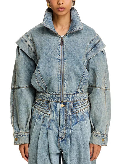 Stand Collar Zip-up Denim Jacket