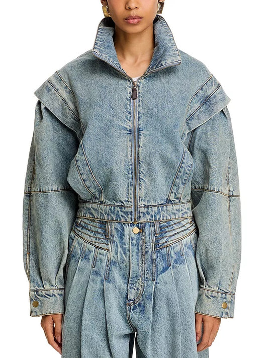 Stand Collar Zip-up Denim Jacket