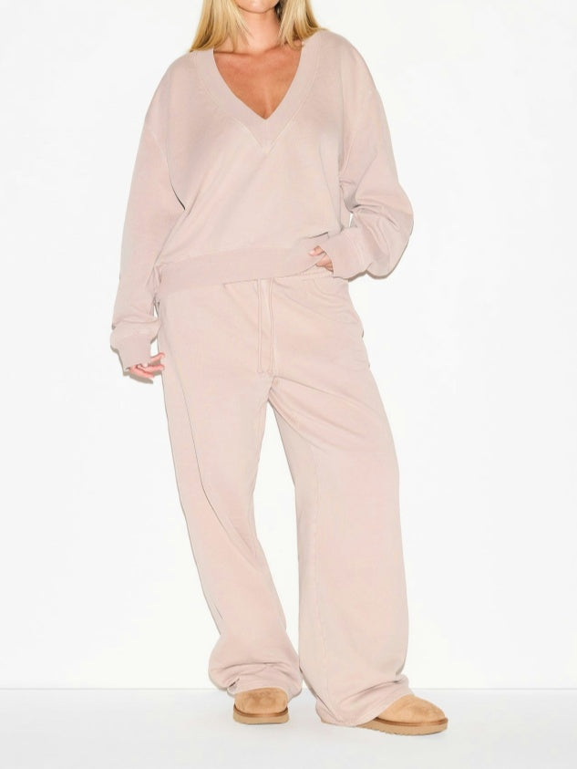 V Neck Pullover & Straight Leg Pant Two Pieces Set