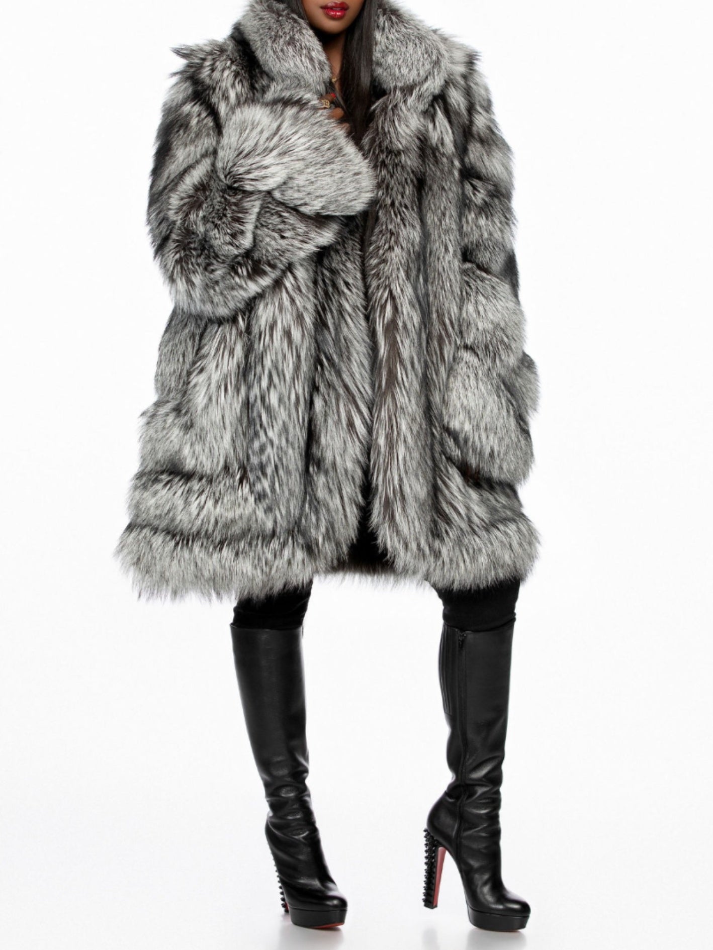 Eco-friendly Silver Fox Fur Mid-length Coat