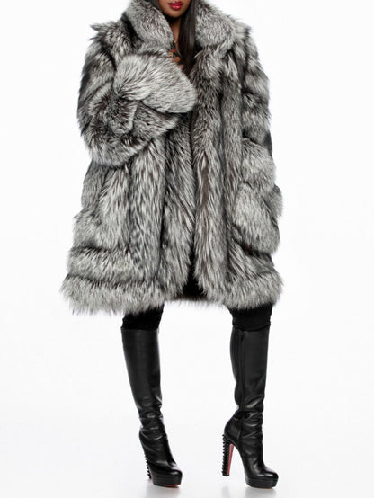 Eco-friendly Silver Fox Fur Mid-length Coat