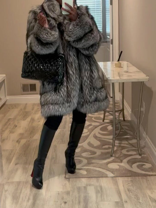 Eco-friendly Silver Fox Fur Mid-length Coat