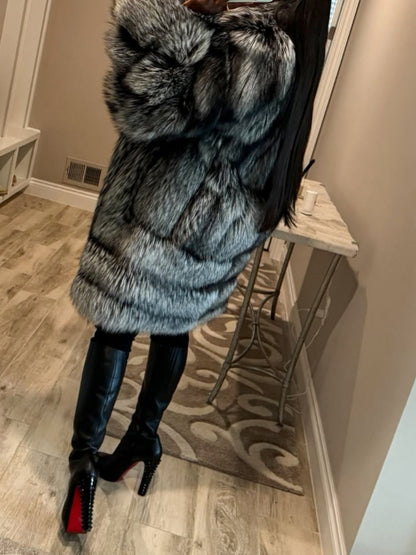 Eco-friendly Silver Fox Fur Mid-length Coat