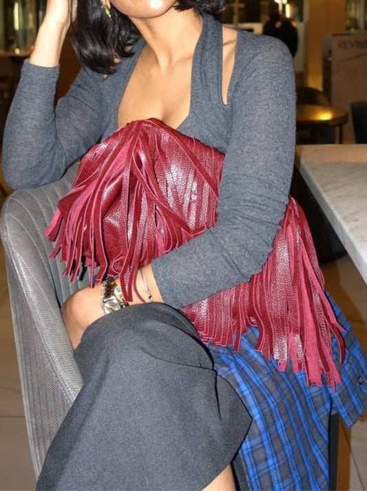 Leather Fringed Framed Clutch