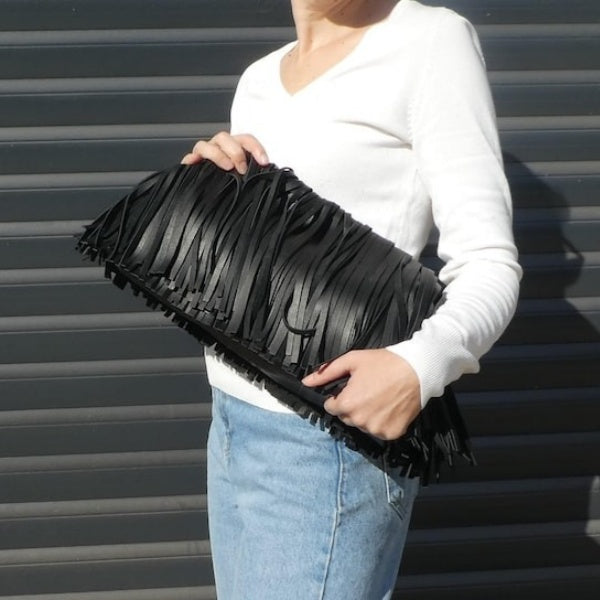 Leather Fringed Framed Clutch