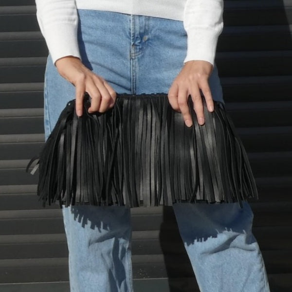 Leather Fringed Framed Clutch