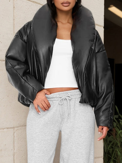 Exaggerated Collar PU Cropped Jacket