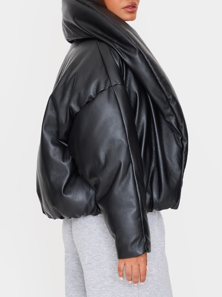 Exaggerated Collar PU Cropped Jacket