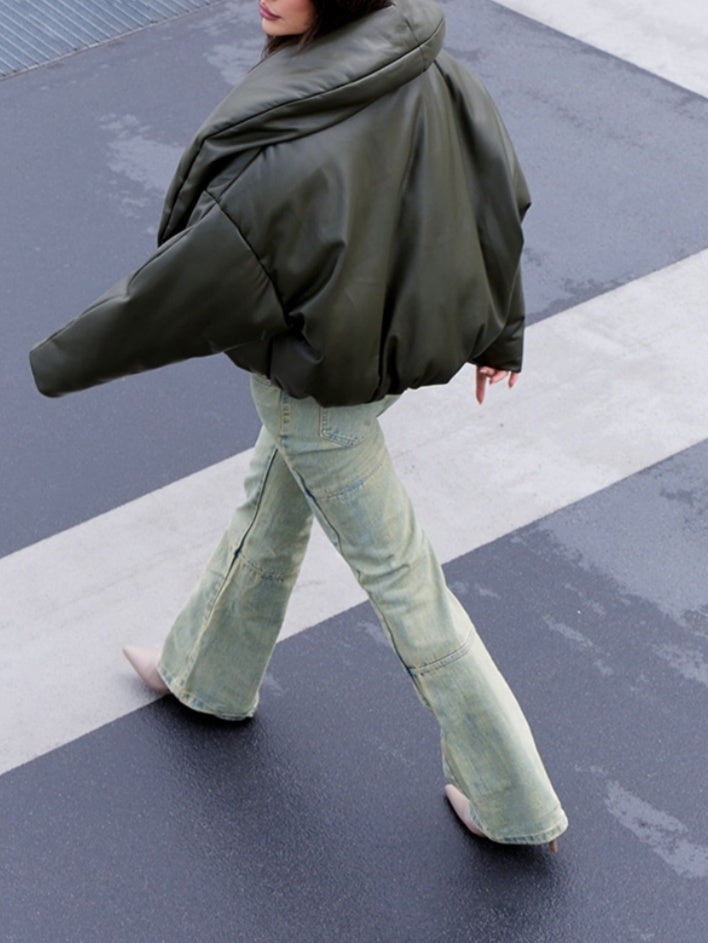 Exaggerated Collar PU Cropped Jacket