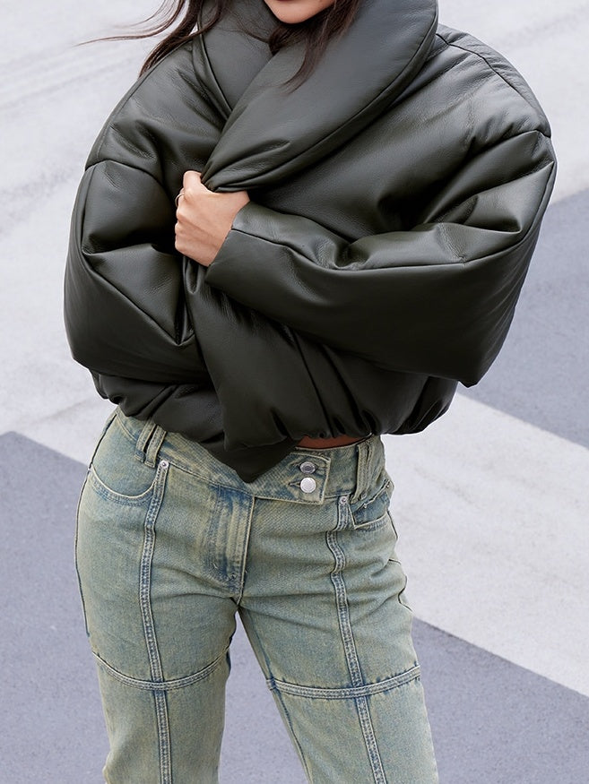 Exaggerated Collar PU Cropped Jacket