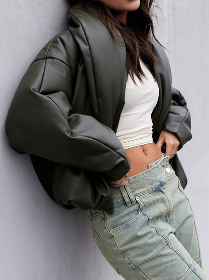Exaggerated Collar PU Cropped Jacket