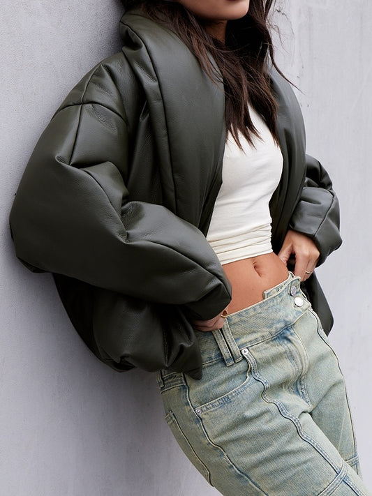 Exaggerated Collar PU Cropped Jacket