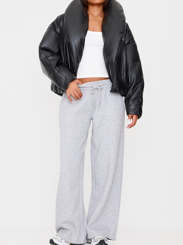 Exaggerated Collar PU Cropped Jacket