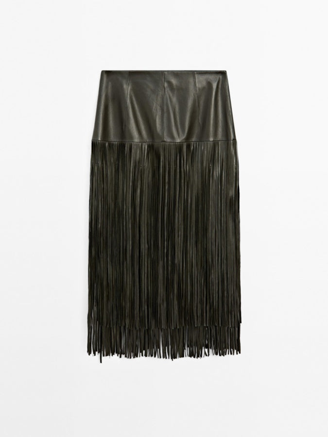 Leather Midi Skirt With Fringing