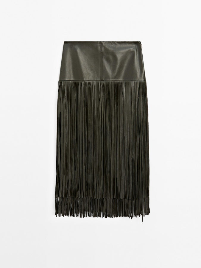Leather Midi Skirt With Fringing