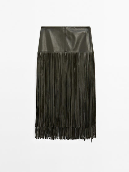 Leather Midi Skirt With Fringing