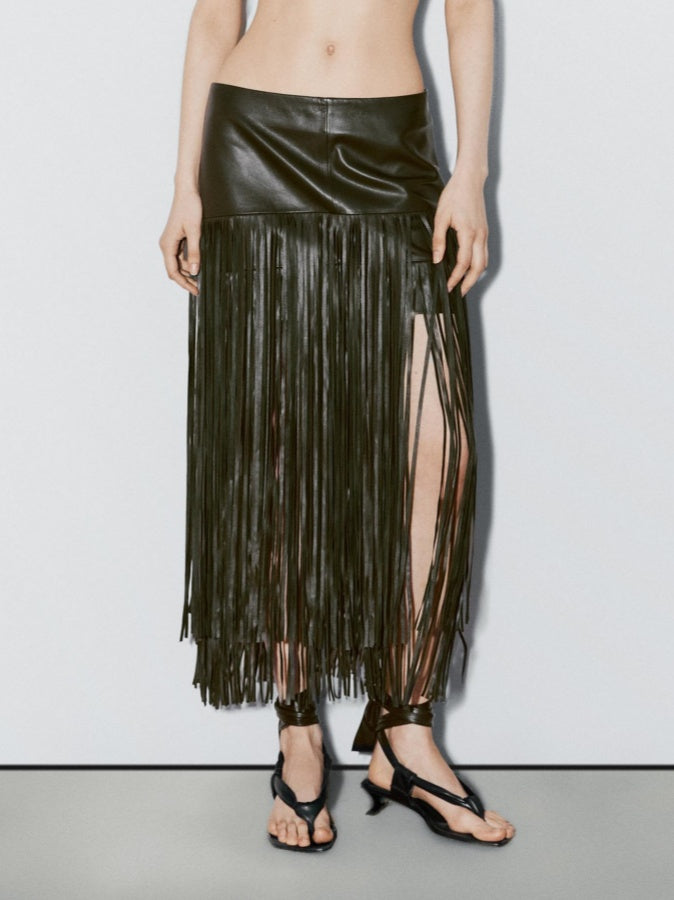 Leather Midi Skirt With Fringing