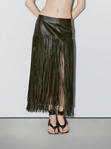 Leather Midi Skirt With Fringing