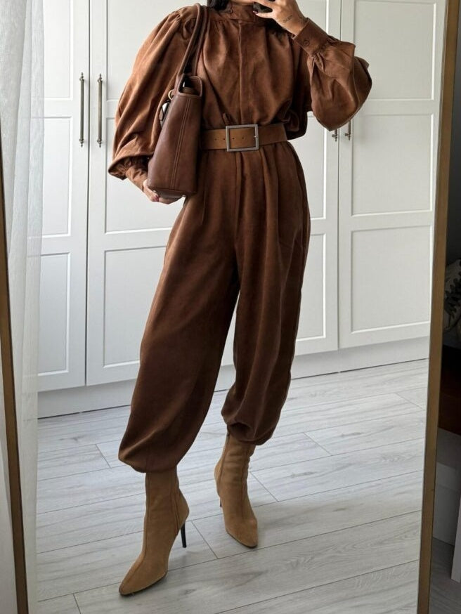 Lantern Sleeve Suede Two-pieces Set