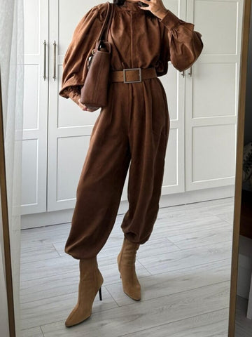Lantern Sleeve Suede Two-pieces Set
