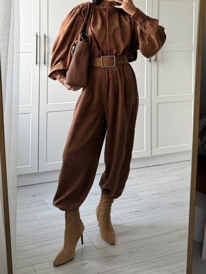 Lantern Sleeve Suede Two-pieces Set