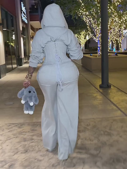 Hooded Corset Jacket And Wide-leg Pants Set