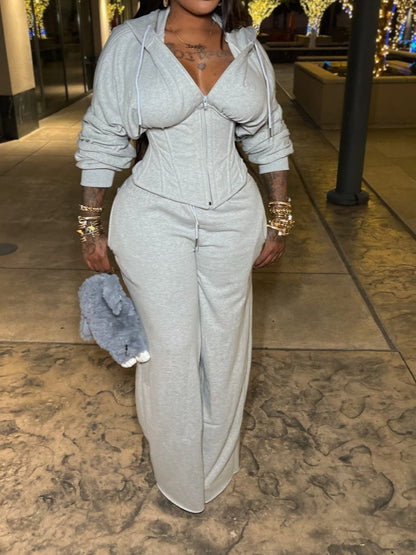 Hooded Corset Jacket And Wide-leg Pants Set