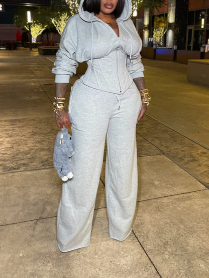 Hooded Corset Jacket And Wide-leg Pants Set