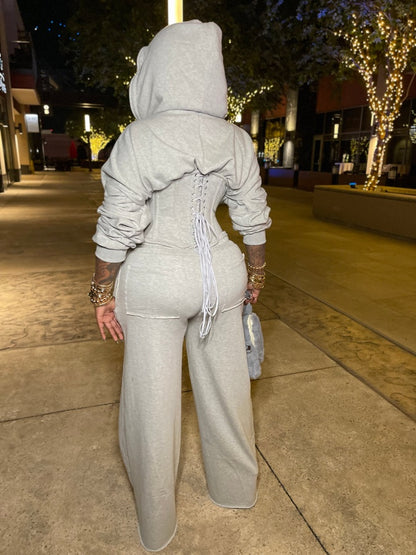 Hooded Corset Jacket And Wide-leg Pants Set