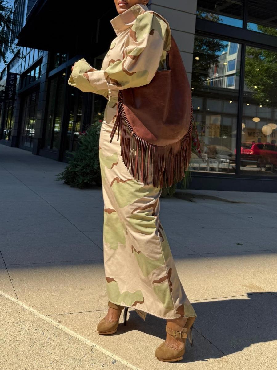 High Mock-neck  Camouflage Maxi Dress